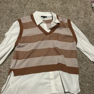 Striped Brown and White Sweater Vest with attached shirt